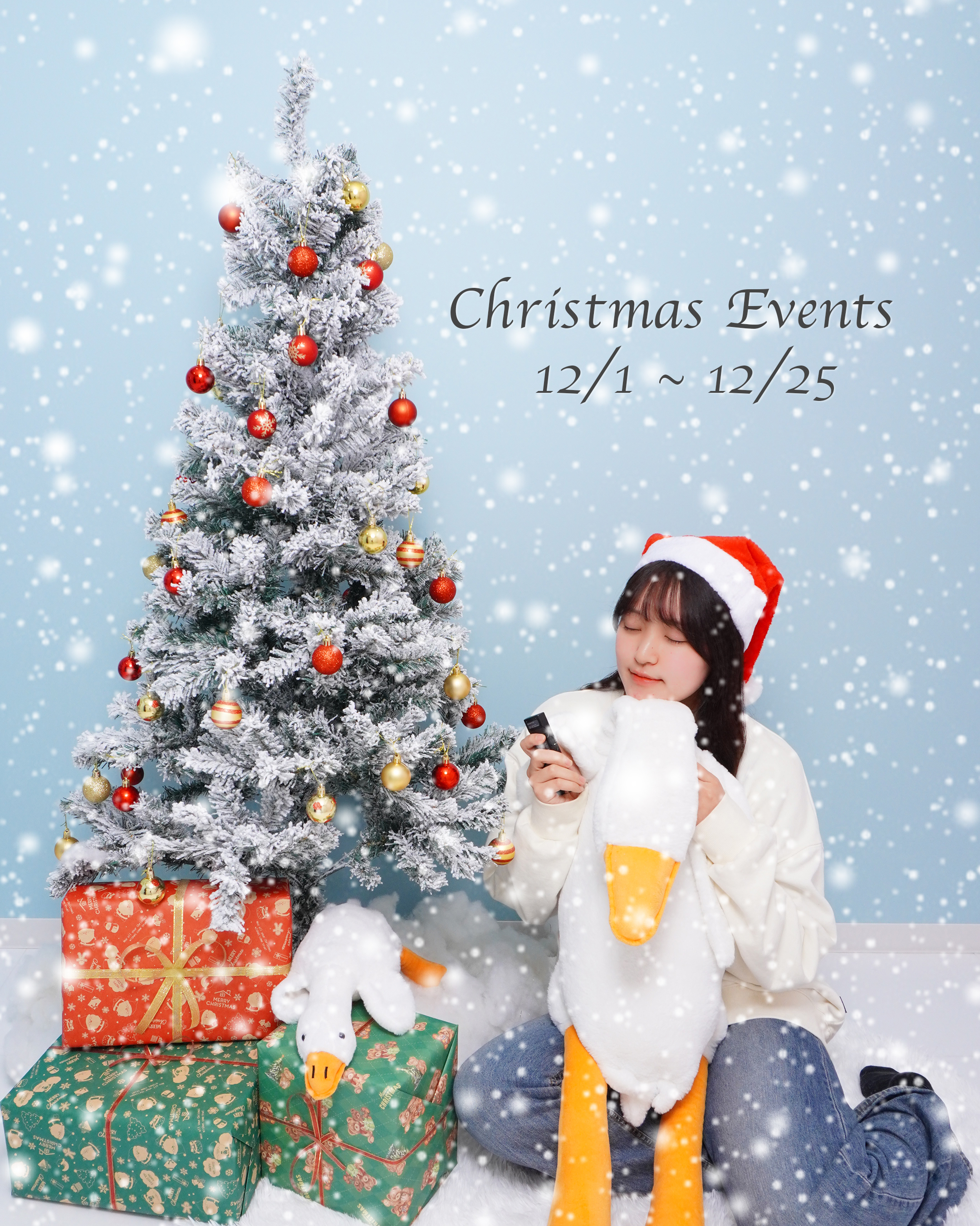 クリスマスツリーと一緒に撮影する女の子